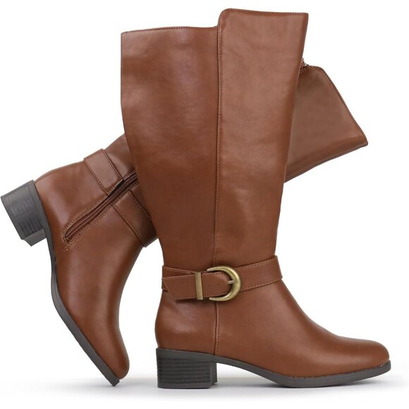 ⚡Women's Cognac Synthetic Extra Wide Calf Pull On Side Zipper Knee High Boots - Picture 1 of 5